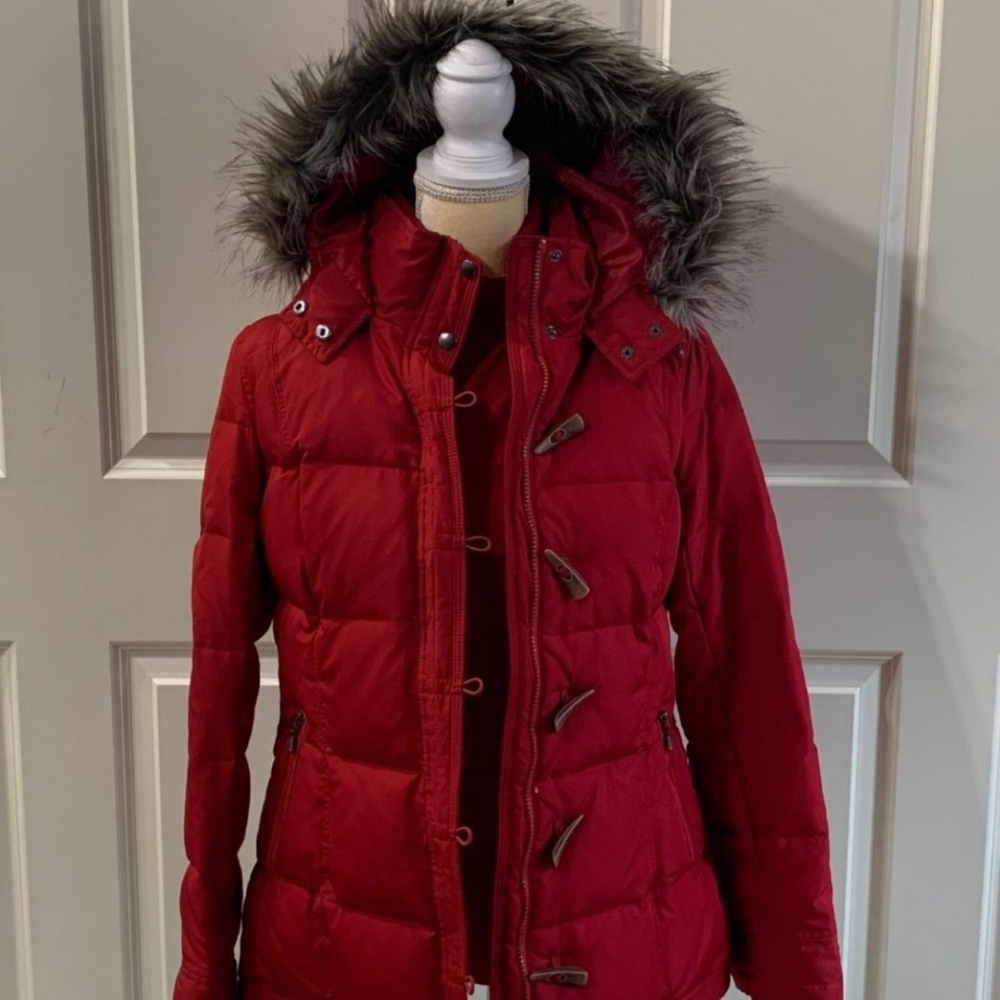 Red Ruff Hewn Hooded Parka With Fur Trim